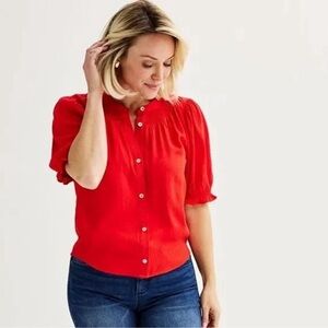 Draper James Red Dotted Short Sleeve Puff Sleeve Button Up Blouse Top L